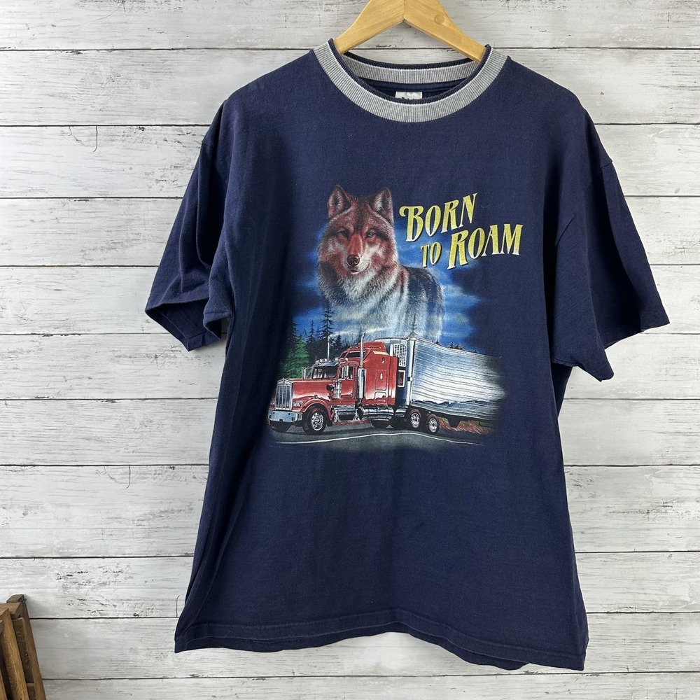 Vintage T A G Born To Roam T-Shirt Semi Truck Wolf‎ Mens XL Tractor Blue